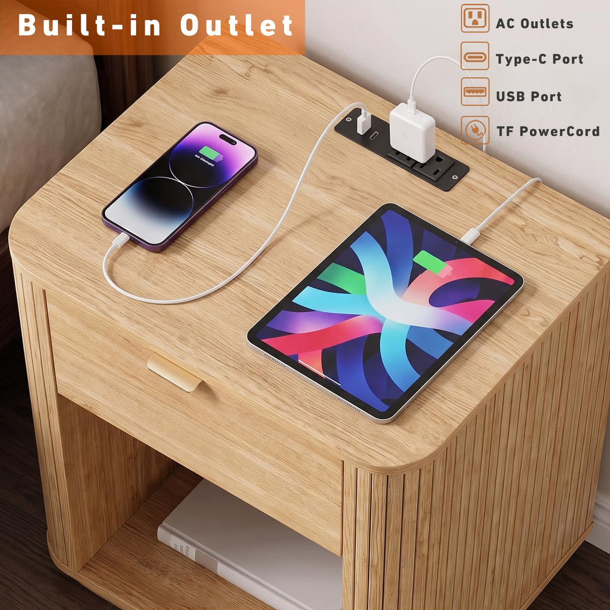 Modern Nightstands Set of 2 with Charging Station, Natural Oak Fluted Wood Night Stand, Minimalist Bedside Table, Drawer & Open Shelf, Curved Design, Metal Handle, Bedroom Side Table
