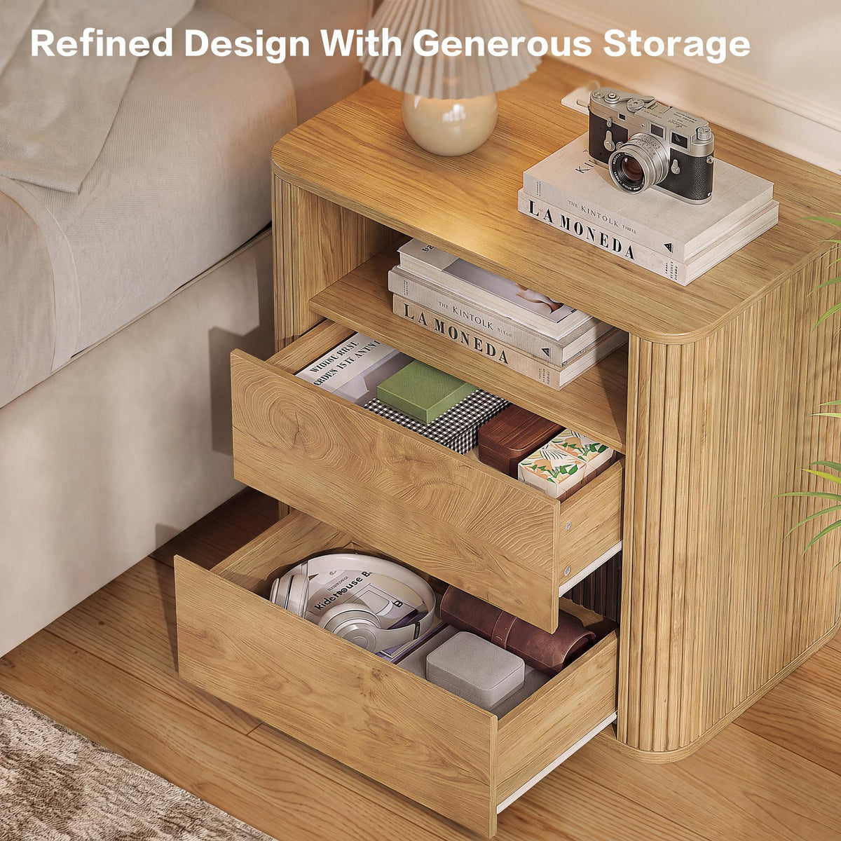 23.6" Nightstand with Charging Station, Light Oak Night Stand with 2 Drawers & Open Shelf, Fluted Side, Rounded Edge End Table, Bedside Table for Bedroom, Entryway