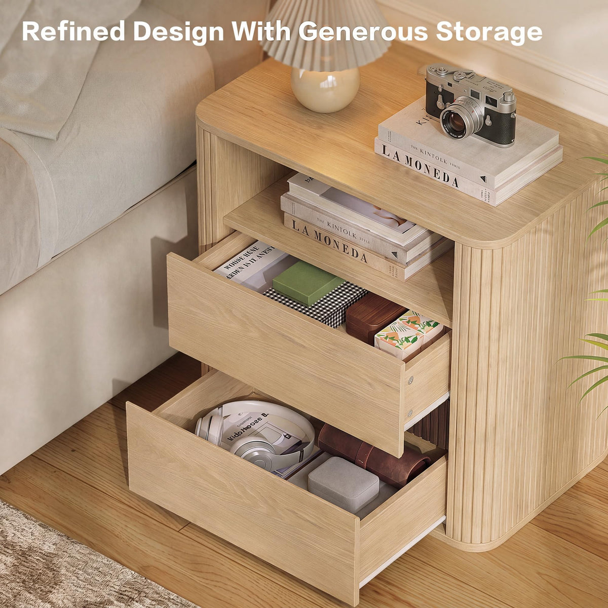 23.6" Nightstand with Charging Station, Oak Night Stand with 2 Drawers & Open Shelf, Fluted Side, Rounded Edge End Table, Bedside Table for Bedroom, Entryway