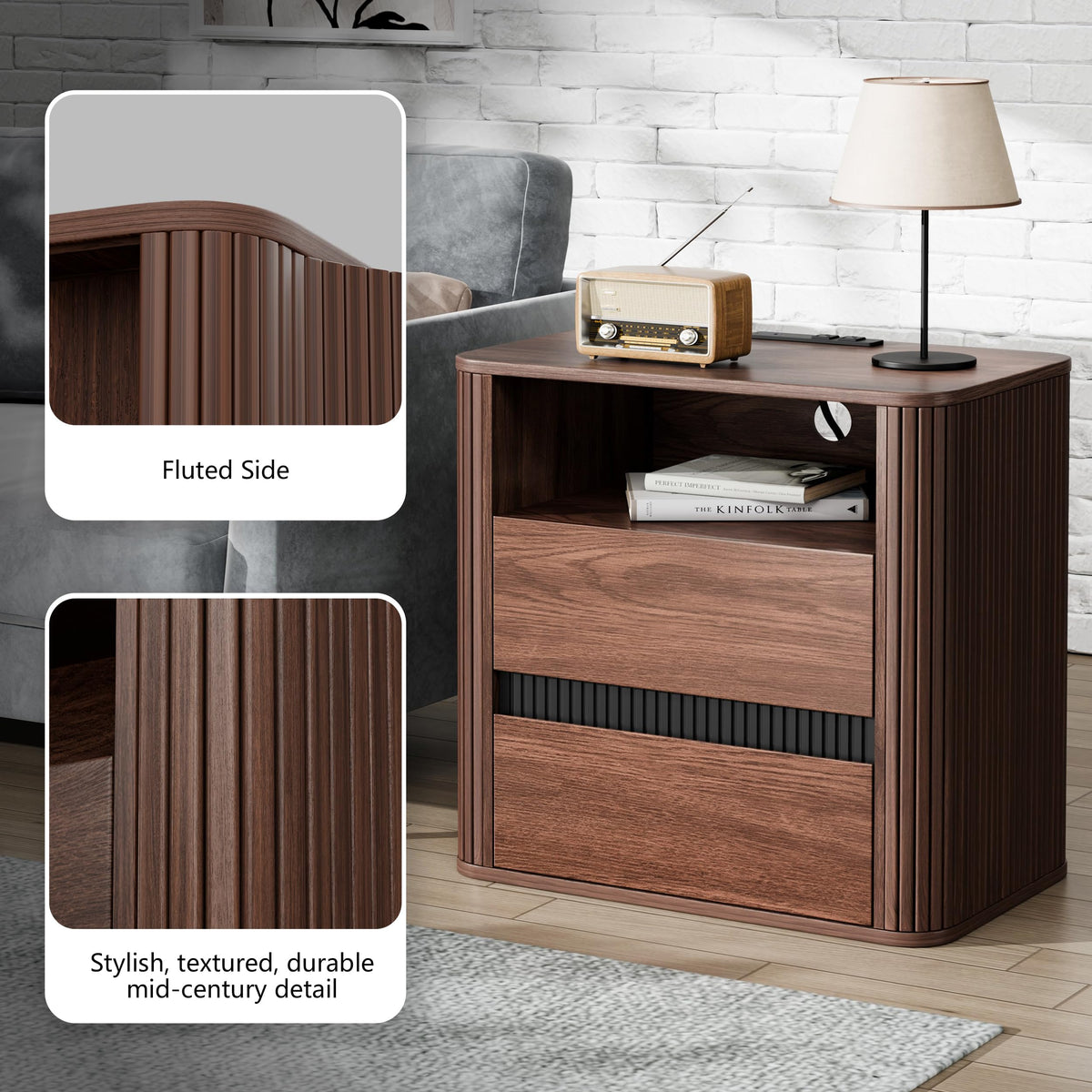 23.6" Night Stand Set 2 with Charging Station, Fluted Side Walnut Wood Bedside Table with 2 Drawers & Open Shelf, Rounded Edge Nightstands, End Table for Bedroom, Entryway