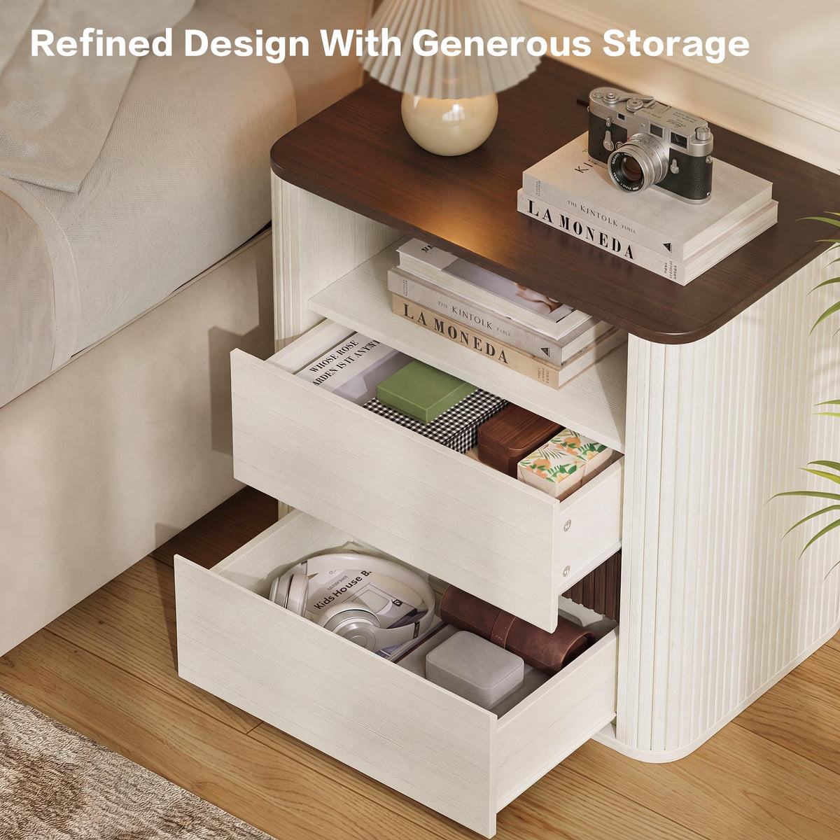 23.6" Nightstand with Charging Station Set of 2, Beige Night Stand with 2 Drawers & Open Shelf, Fluted Side, Rounded Edge End Table, Bedside Table for Bedroom, Entryway