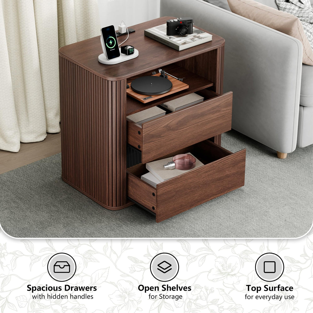 23.6" Nightstand with Charging Station, Walnut Night Stand with 2 Drawers & Open Shelf, Fluted Side, Rounded Edge End Table, Bedside Table for Bedroom, Entryway