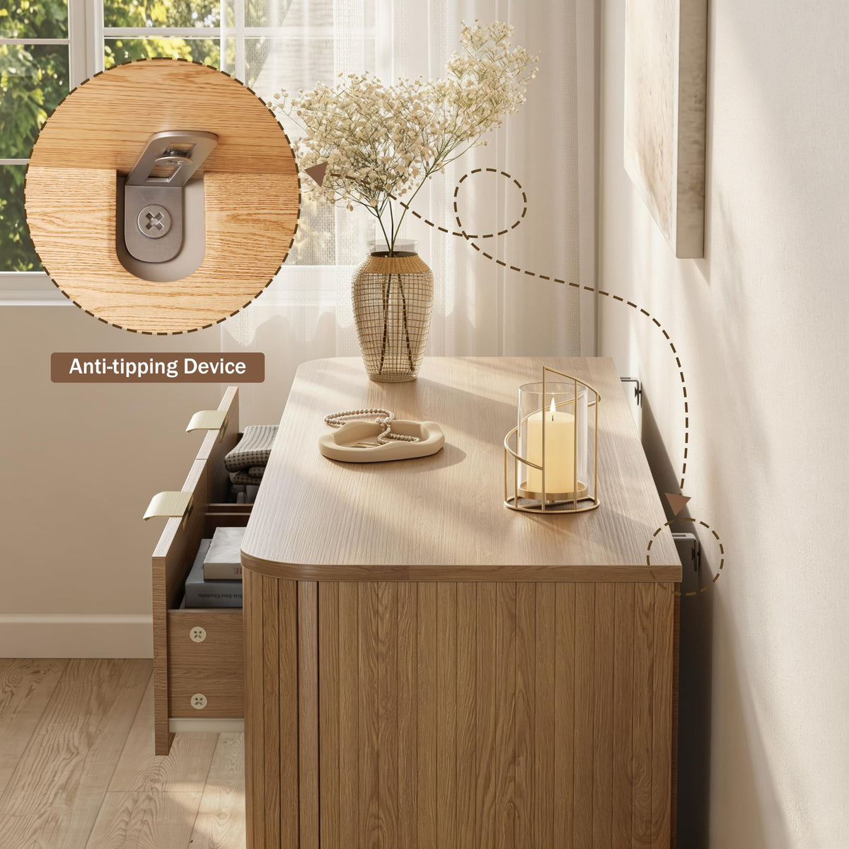 6 Drawer Dresser for Bedroom, 47'' Wide Chest of Drawers, Natural Oak Fluted Wood Dressers with Metal Handle & Smooth Slides, Modern Dresser for Closet, Living Room, Hallway, Entryway