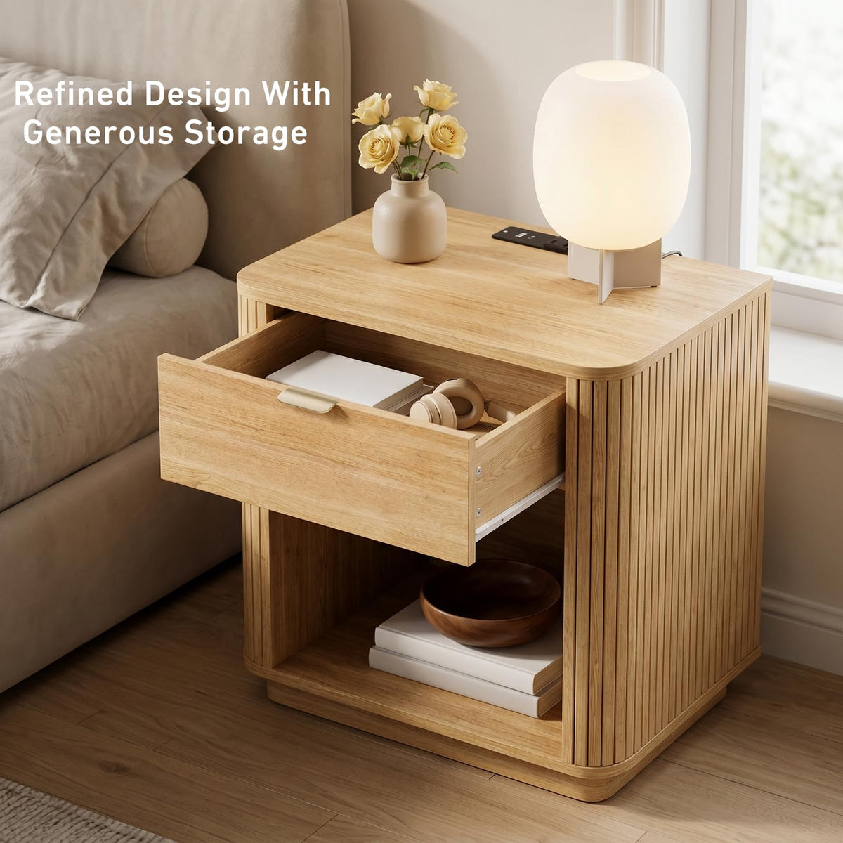 Modern Nightstand with Charging Station, Natural Oak End Table Fluted Wood Night Stand, Mid-Century Bedside Table, Drawer & Open Shelf, Curved Design, Metal Handle, Bedroom Side Table