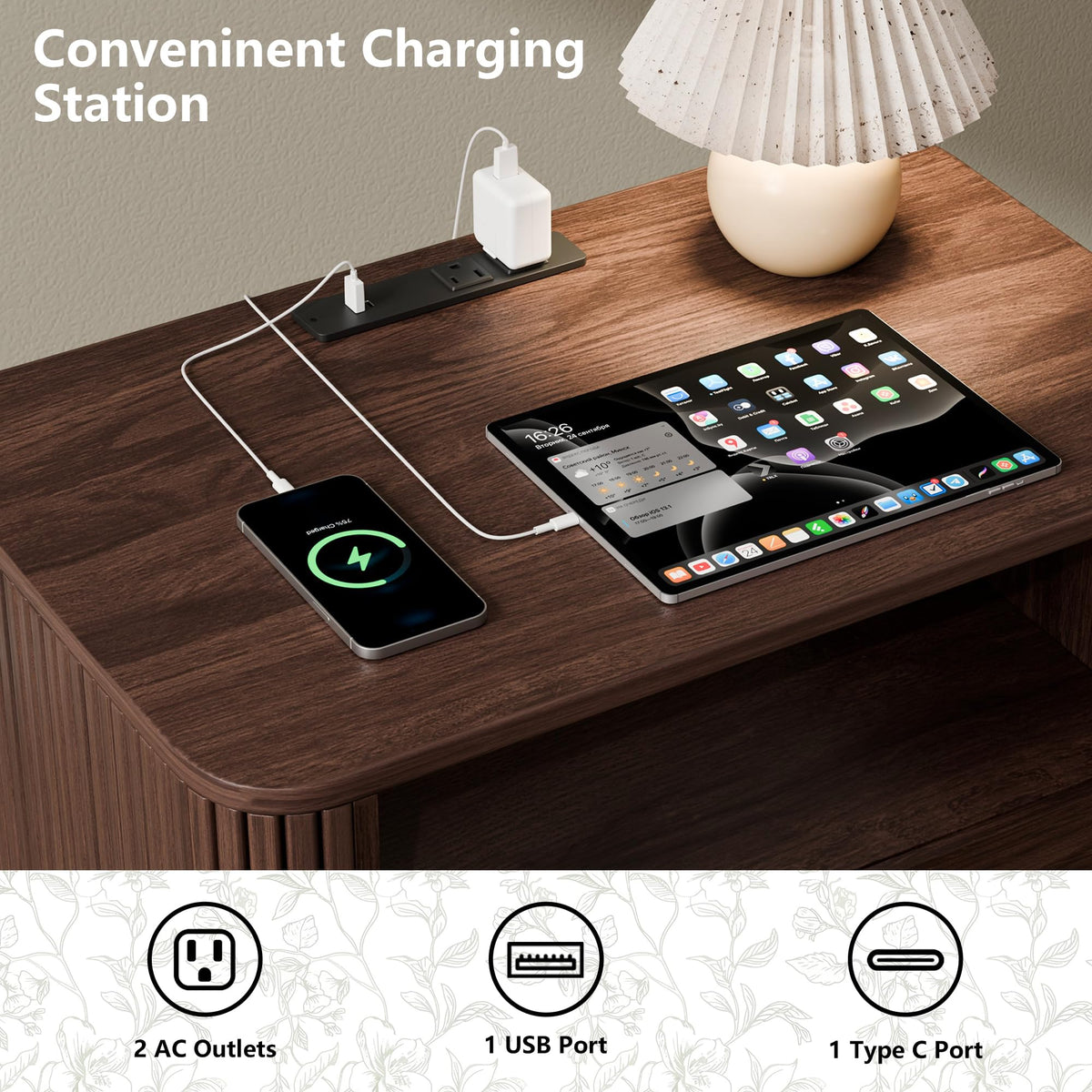 23.6" Nightstand with Charging Station, Walnut Night Stand with 2 Drawers & Open Shelf, Fluted Side, Rounded Edge End Table, Bedside Table for Bedroom, Entryway
