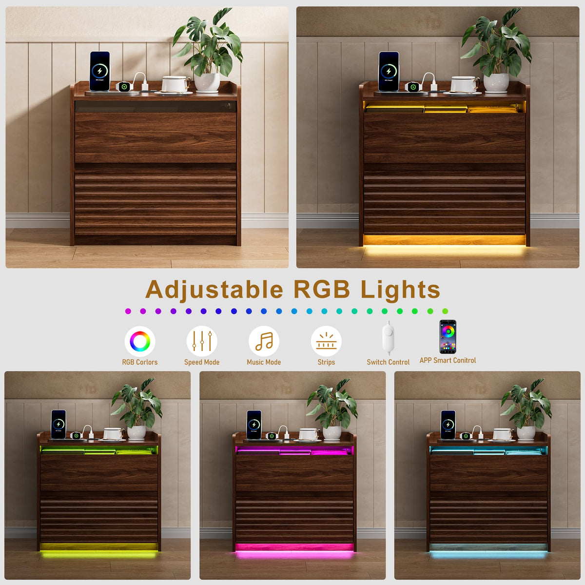 LED Nightstand with Charging Station, Fluted Walnut Bedside Table End Table & Night Stand with 2 Drawers, Glass Panel & Raised Edge Top for Bedroom, Living Room, Entryway, Small Spaces