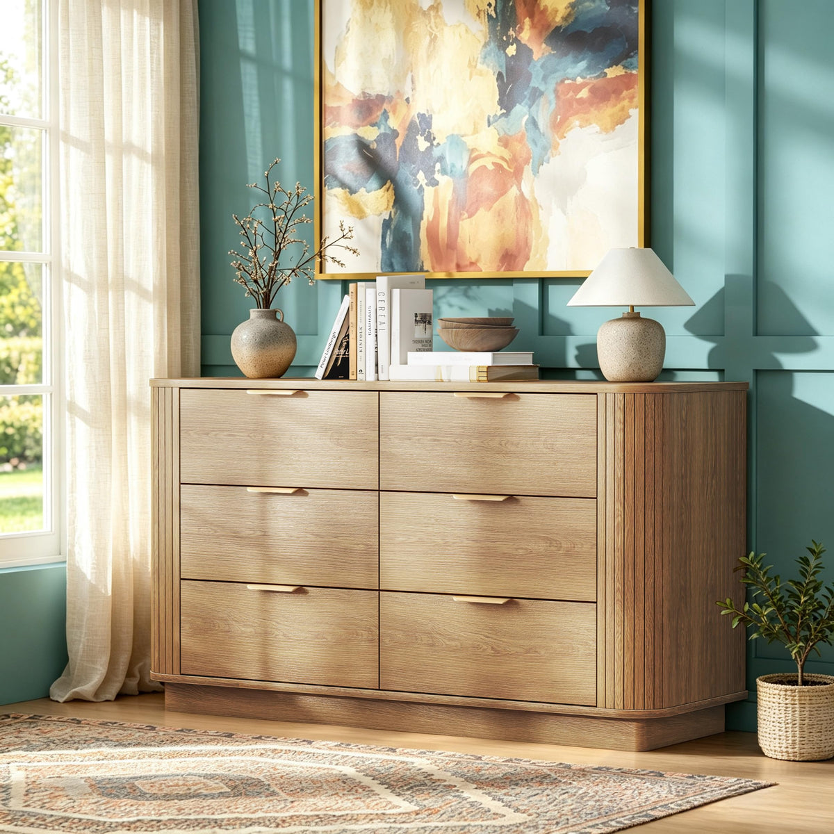 6 Drawer Dresser for Bedroom, 47'' Wide Chest of Drawers, Natural Oak Fluted Wood Dressers with Metal Handle & Smooth Slides, Modern Dresser for Closet, Living Room, Hallway, Entryway