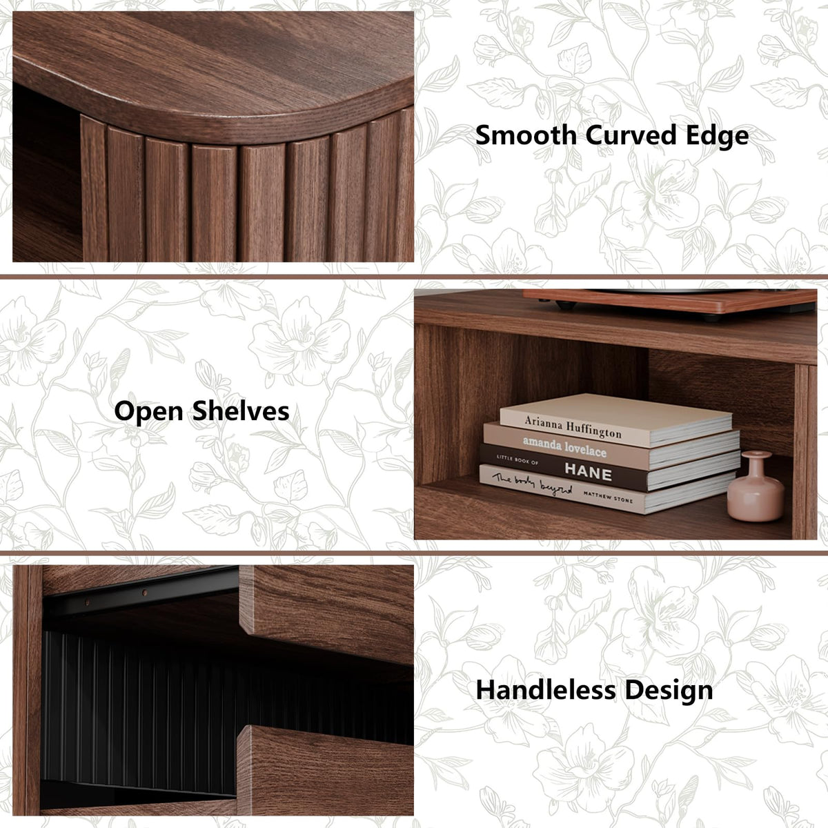 23.6" Nightstand with Charging Station, Walnut Night Stand with 2 Drawers & Open Shelf, Fluted Side, Rounded Edge End Table, Bedside Table for Bedroom, Entryway