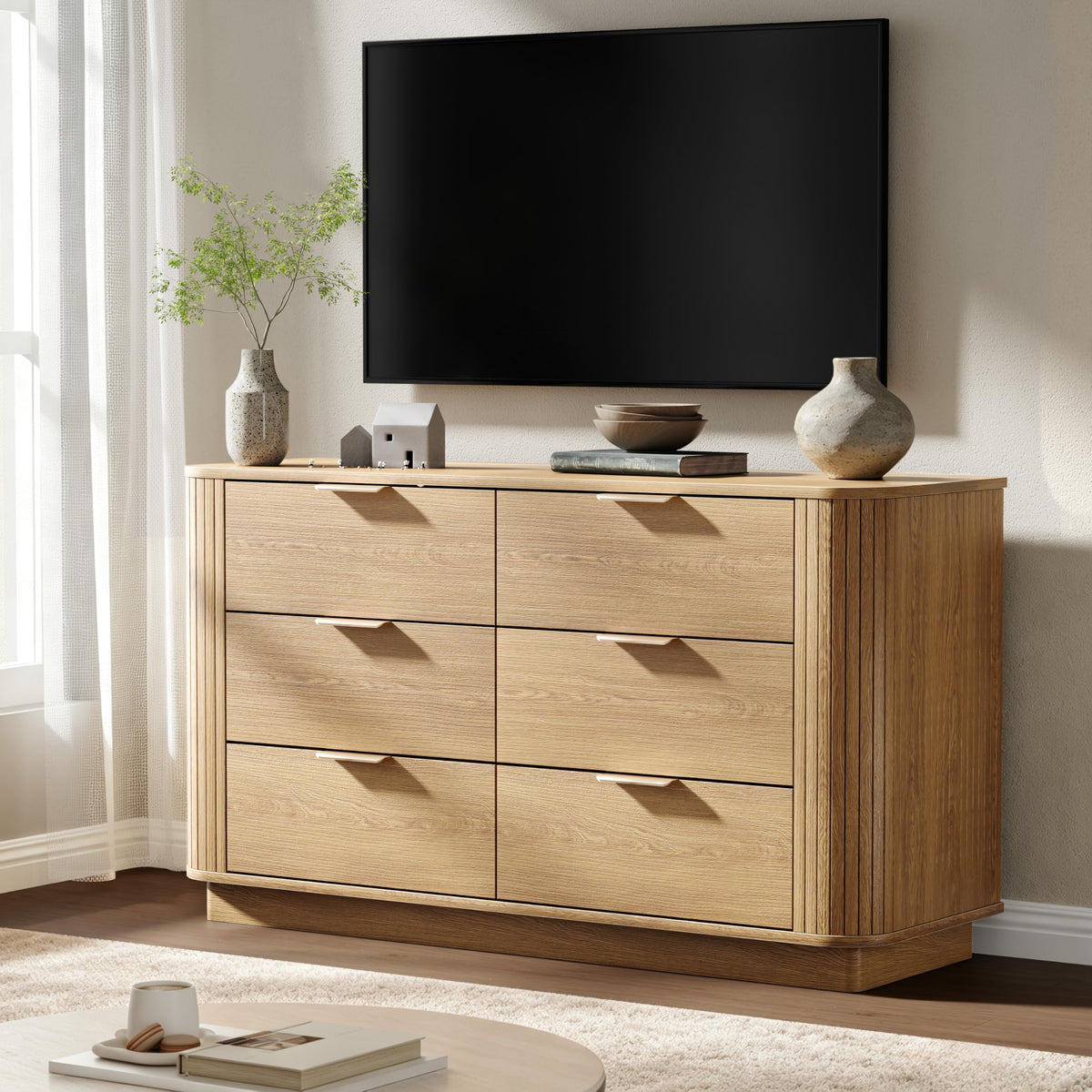 6 Drawer Dresser for Bedroom, 47'' Wide Chest of Drawers, Natural Oak Fluted Wood Dressers with Metal Handle & Smooth Slides, Modern Dresser for Closet, Living Room, Hallway, Entryway