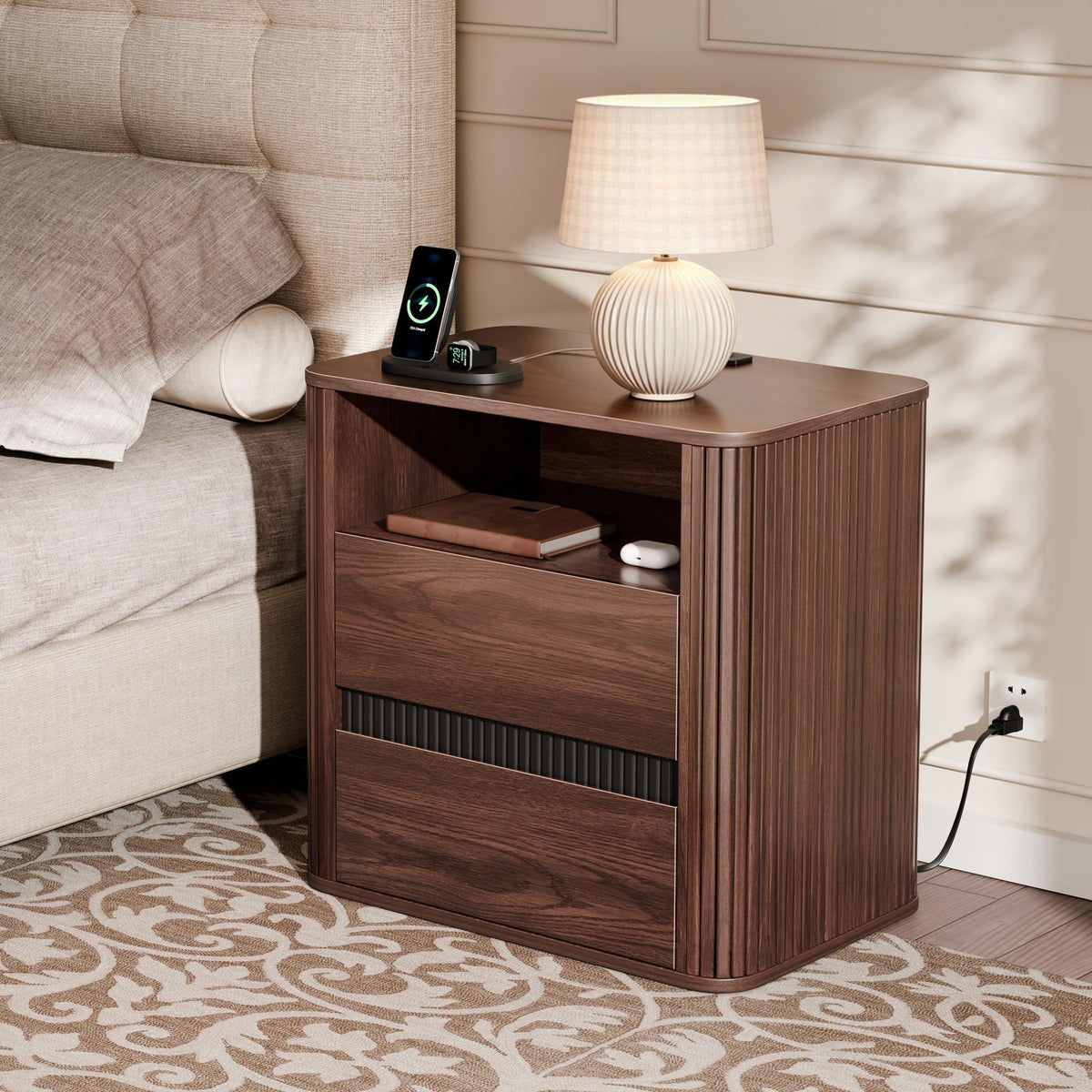 23.6" Nightstand with Charging Station, Walnut Night Stand with 2 Drawers & Open Shelf, Fluted Side, Rounded Edge End Table, Bedside Table for Bedroom, Entryway
