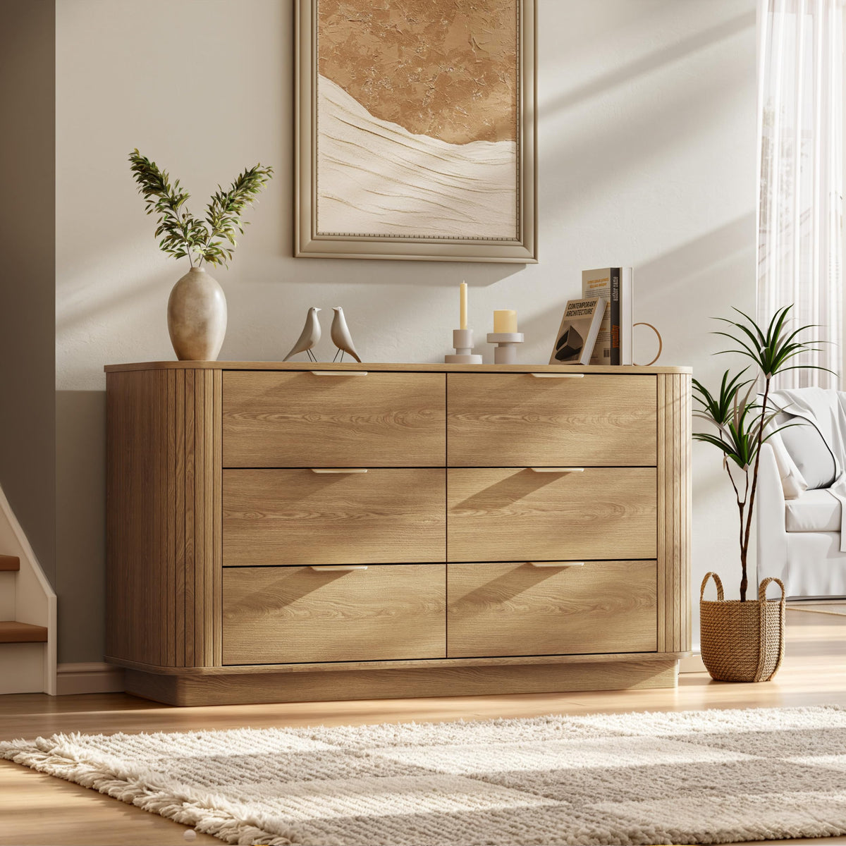 6 Drawer Dresser for Bedroom, 47'' Wide Chest of Drawers, Natural Oak Fluted Wood Dressers with Metal Handle & Smooth Slides, Modern Dresser for Closet, Living Room, Hallway, Entryway