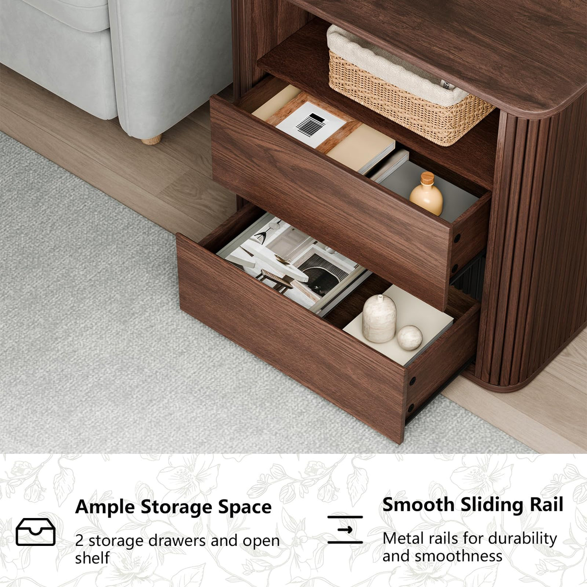 23.6" Nightstand with Charging Station, Walnut Night Stand with 2 Drawers & Open Shelf, Fluted Side, Rounded Edge End Table, Bedside Table for Bedroom, Entryway